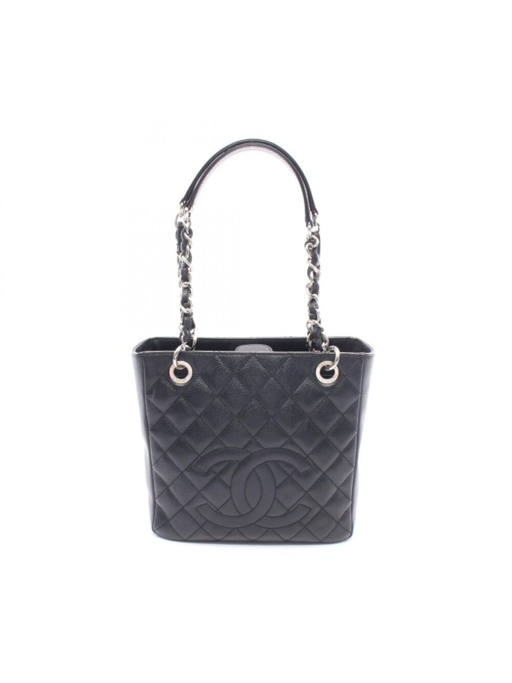 Chanel Tote Quilted Petite Shopping PST Black Caviar Leather Chain